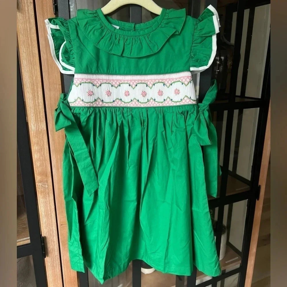 Smocked Toddler Dress Kelly green puff sleeves bows flower girl heirloom ruffles